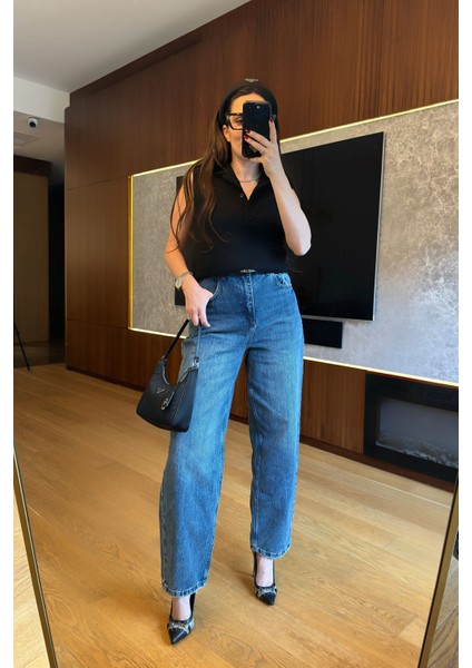 Yüksek Bel Kemer Detay Palazzo Jean- Mavi indirimleri