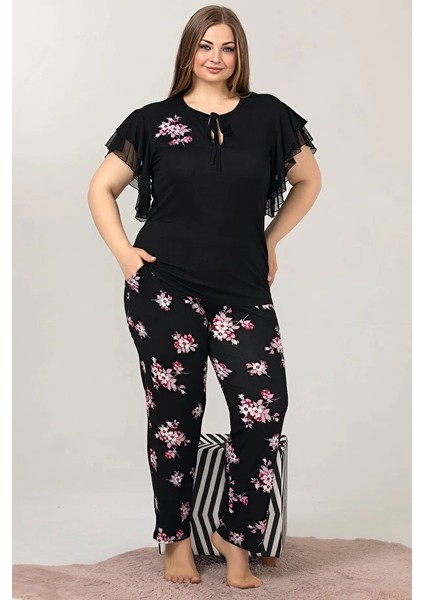 Lady Büyük Beden Kısa Kollu Uzun Pijama Takımı