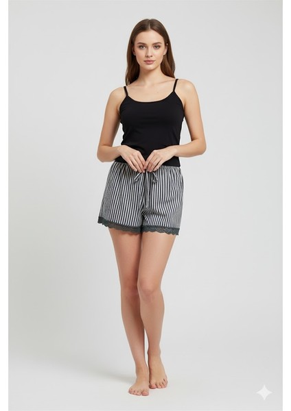 Çizgili Penye Kadın Ev Şortu Bacak Dantel Detaylı Ev Giyim Siyah
