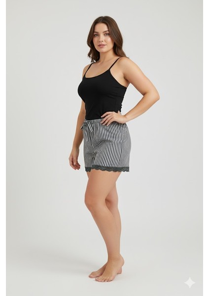 Çizgili Penye Kadın Ev Şortu Bacak Dantel Detaylı Ev Giyim Siyah fiyatları