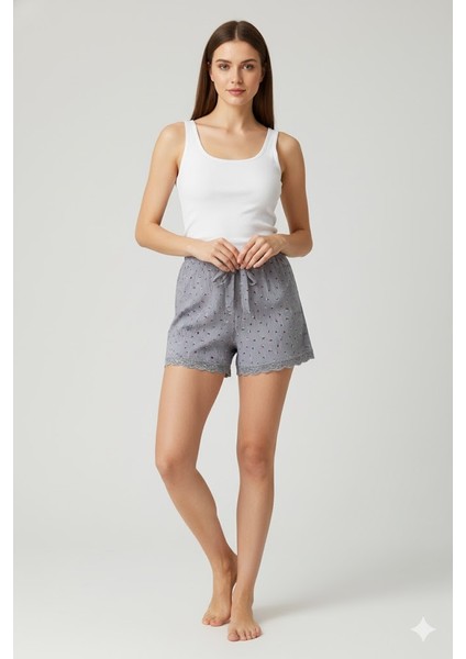 Düz Renk Mini Çiçek Desenli Penye Kadın Ev Şortu Bacak Dantel Detaylı Ev Giyim Gri