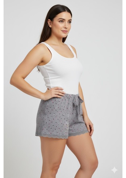 Düz Renk Mini Çiçek Desenli Penye Kadın Ev Şortu Bacak Dantel Detaylı Ev Giyim Gri fiyatları