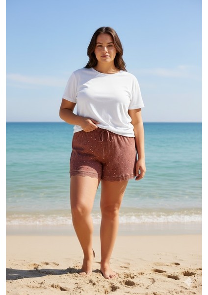 Düz Renk Mini Çiçek Desenli Penye Kadın Ev Şortu Bacak Dantel Detaylı Ev Giyim Taba fırsatları