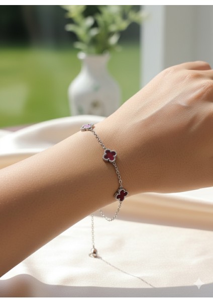 Lüks Kırmızı Yonca Figürlü Zincir Bileklik Paslanmaz Çelik Şans Takısı (Kutusuz) fiyatları