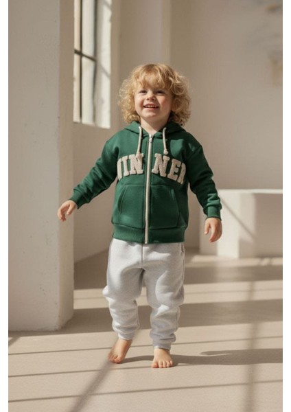 Winner Işleme Kapüşonlu Hırkalı Erkek Çocuk 2 li takım - Yeşil
