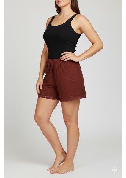 Bambu Fitilli Kadın Ev Şortu Bacak Dantel Detaylı Ev Giyim Koyu Taba fiyatları