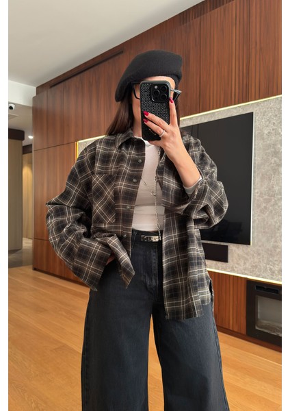 Kareli Ekose Desen Yeni Sezon Oversize Gömlek- Haki