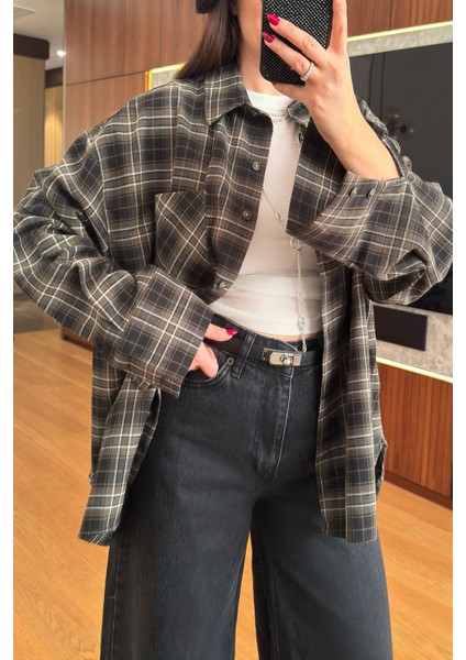 Kareli Ekose Desen Yeni Sezon Oversize Gömlek- Haki fırsatları