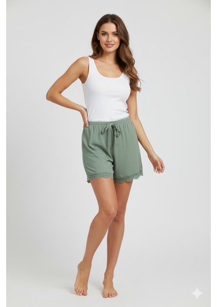 Bambu Fitilli Kadın Ev Şortu Bacak Dantel Detaylı Ev Giyim Yeşil