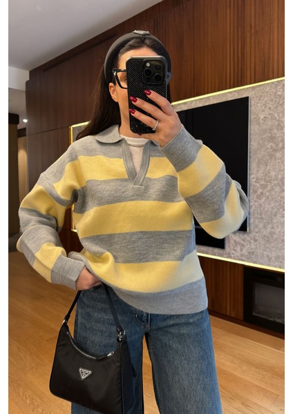 V Yaka Şerit Çizgili Triko Kazak- Gri fiyatları