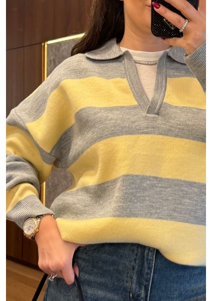 V Yaka Şerit Çizgili Triko Kazak- Gri modelleri