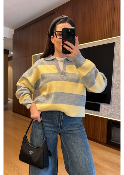 V Yaka Şerit Çizgili Triko Kazak- Gri fırsatları