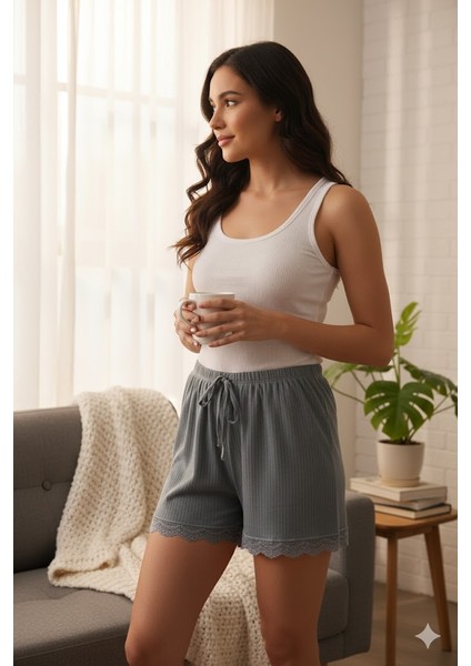 Bambu Fitilli Kadın Ev Şortu Bacak Dantel Detaylı Ev Giyim Gri modelleri