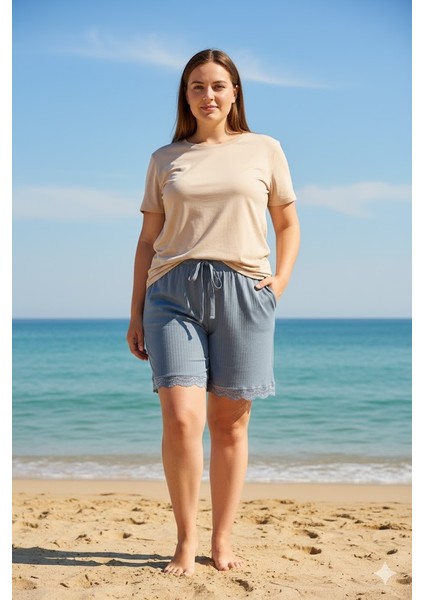 Bambu Fitilli Kadın Ev Şortu Bacak Dantel Detaylı Ev Giyim Gri fırsatları