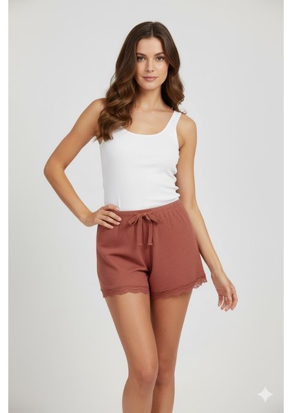 Bambu Fitilli Kadın Ev Şortu Bacak Dantel Detaylı Ev Giyim Taba