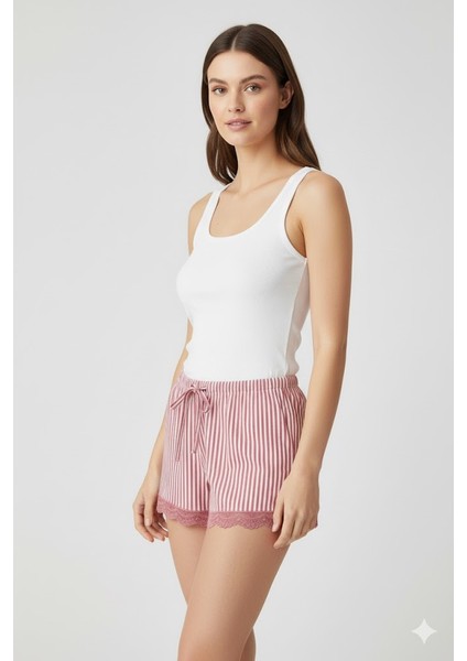 Çizgili Penye Kadın Ev Şortu Bacak Dantel Detaylı Ev Giyim Fuşya fiyatları