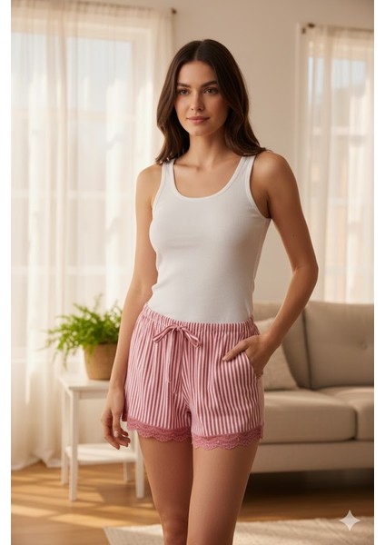 Çizgili Penye Kadın Ev Şortu Bacak Dantel Detaylı Ev Giyim Fuşya modelleri