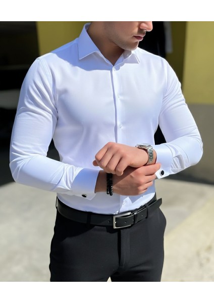 Dar Kesim Slimfit Saten Mevsimlik Cepsiz Uzun Kollu Kol Düğmesi Takılabilen Erkek Gömlek