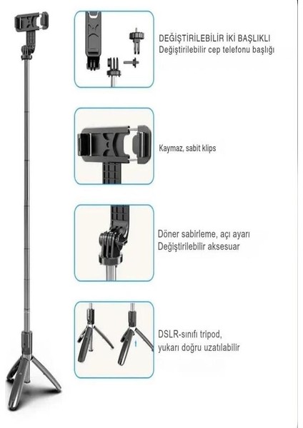 Bluetooth Kumandalı Kablosuz Tripod Selfie Çubuğu - Monopod Selfie Çubuğu