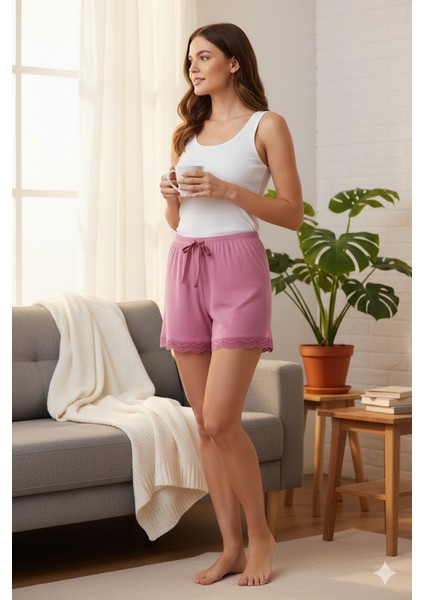 Bambu Fitilli Kadın Ev Şortu Bacak Dantel Detaylı Ev Giyim Pembe fırsatları