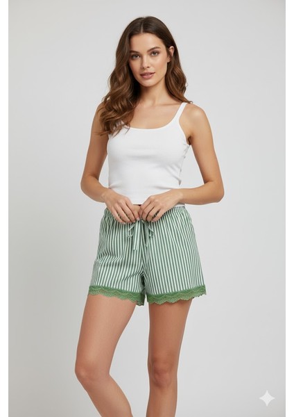 Çizgili Penye Kadın Ev Şortu Bacak Dantel Detaylı Ev Giyim Yeşil fiyatları