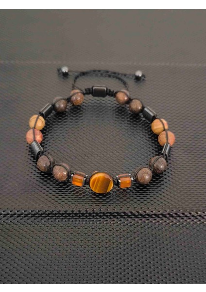 Bronzit-Kaplangözü-Jasper-Damla Kehribar Doğaltaş Bileklik Takı Aksesuar Erkek Bileklik