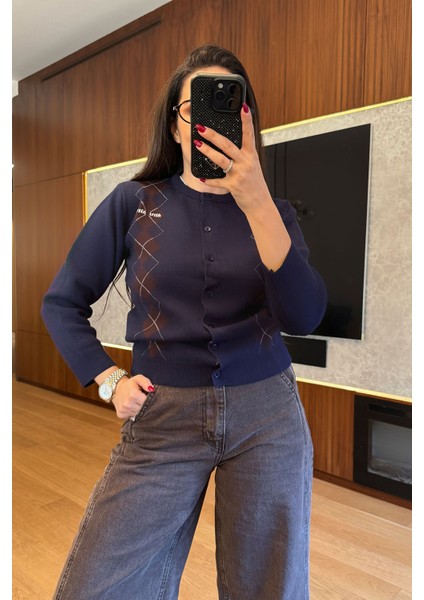 Marka Model Baklava Desen Tasarım Hırka- Lacivert