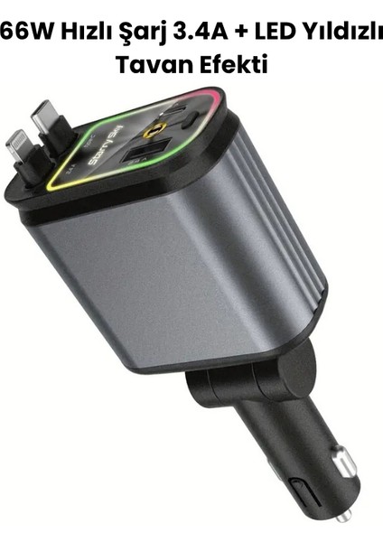66W LED Işık Yıldızlı Tavan 3.4A Type-C + Araç USB Çakmaklık Hızlı Şarj Cihazı - Tüm Araçlara Uyumlu