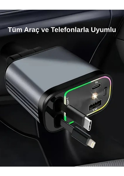 66W LED Işık Yıldızlı Tavan 3.4A Type-C + Araç USB Çakmaklık Hızlı Şarj Cihazı - Tüm Araçlara Uyumlu modelleri