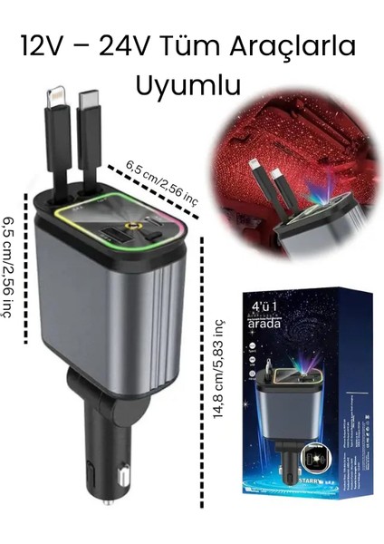 66W LED Işık Yıldızlı Tavan 3.4A Type-C + Araç USB Çakmaklık Hızlı Şarj Cihazı - Tüm Araçlara Uyumlu fiyatları