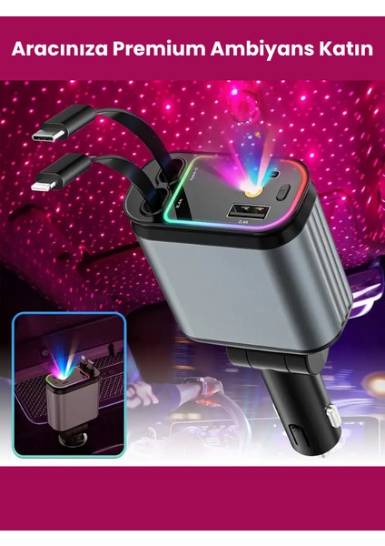 66W LED Işık Yıldızlı Tavan 3.4A Type-C + Araç USB Çakmaklık Hızlı Şarj Cihazı - Tüm Araçlara Uyumlu