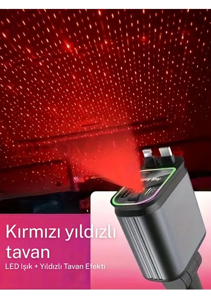 66W LED Işık Yıldızlı Tavan 3.4A Type-C + Araç USB Çakmaklık Hızlı Şarj Cihazı - Tüm Araçlara Uyumlu