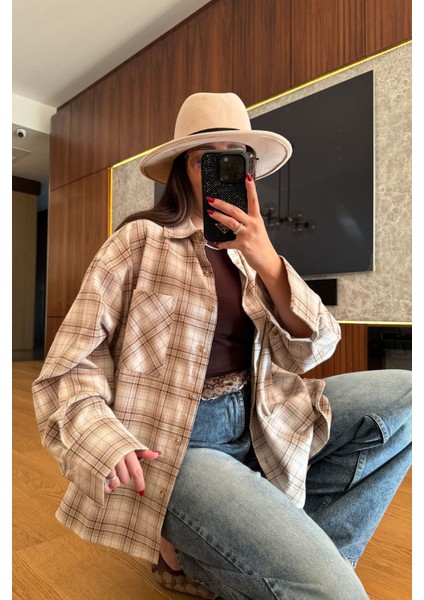 Kareli Ekose Desen Yeni Sezon Oversize Gömlek- Bej modelleri