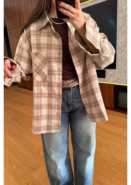 Kareli Ekose Desen Yeni Sezon Oversize Gömlek- Bej indirimleri