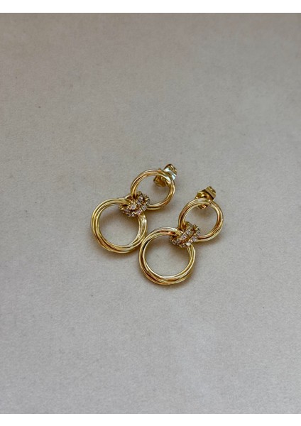 Yuvarlak Taşlı Gold Küpe