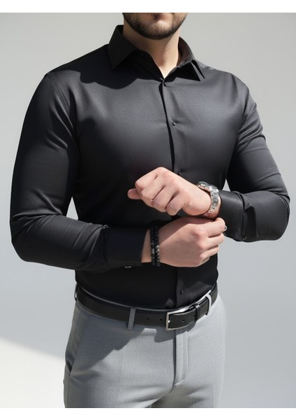 Dar Kesim Slimfit Saten Mevsimlik Cepsiz Uzun Kollu Kol Düğmesi Takılabilen Erkek Gömlek
