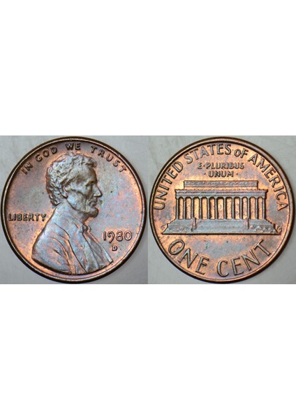 Amerika Birleşik Devletleri 1 Cent 1980 Lıncoln Memorıal Cent. 19 mm Çilaltı
