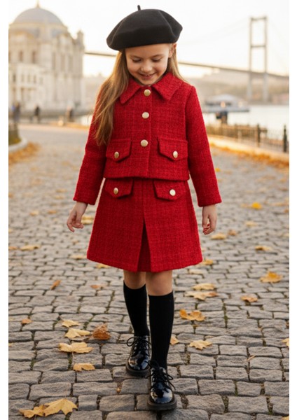 Kız Çocuk Kırmızı Carmen Tüvit Uzun Kollu Düğmeli 23 Nisan Etek Ceket Takım fırsatları