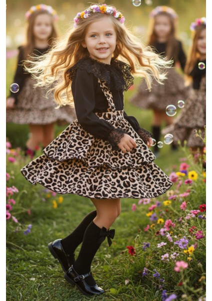 Kız Çocuk Helen Leopar Desenli Askılı Kat Kat Bağlama Jile Elbise Dantel Detay Uzun Kollu Bluz Takım TKM-0190.57