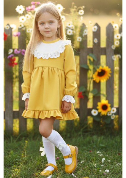 Kız Çocuk Ruby Hardal Uzun Kollu Dantel Detaylı Fırfırlı Elbise