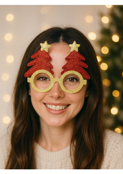 Yılbaşı Simli Çam Ağaçlı Gözlük Parti Aksesuarı Kırmızı