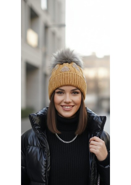 Esu Hardal Grı Desen Ponponlu Bere