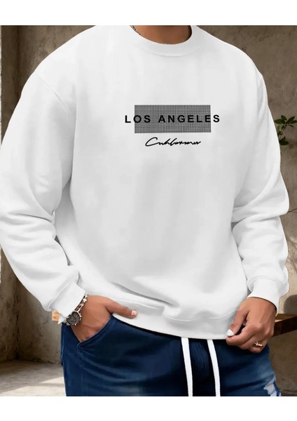 Punıx Büyük Beden Özel Seri Los Angeles Baskılı Bisiklet Yaka Oversize Erkek Trend Sweatshırt