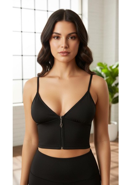 Fermuarlı Askılı Dalgıç Kumaş Pedli Crop Büstiyer