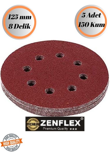 Zenflex 5 Adet 150 Kum 8 Delikli 125 mm Cırt Zımpara Kağıdı El Zımparaları Avuç Içi Spiral Taşlama