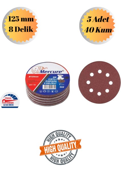 Mercure 5 Adet 40 Kum 8 Delikli 125 mm Cırt Zımpara Kağıdı El Zımparaları Avuç Içi Spiral Taşlama