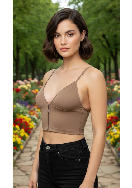 Fermuarlı Askılı Dalgıç Kumaş Pedli Crop Büstiyer
