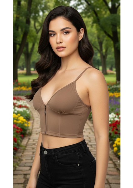 Fermuarlı Askılı Dalgıç Kumaş Pedli Crop Büstiyer fiyatları