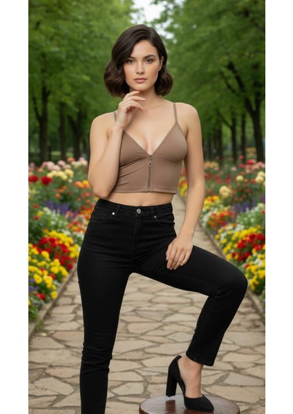 Fermuarlı Askılı Dalgıç Kumaş Pedli Crop Büstiyer indirimleri