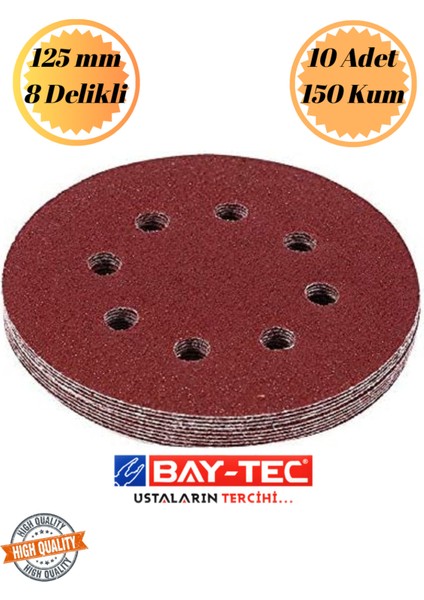 Baytec 10 Adet 150 Kum 8 Delikli 125 mm Cırt Zımpara Kağıdı El Zımparaları Avuç Içi Spiral Taşlama